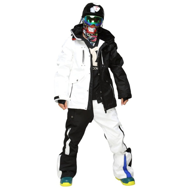 Black And White Hooded Jacket With Pants Snowboarding Sets