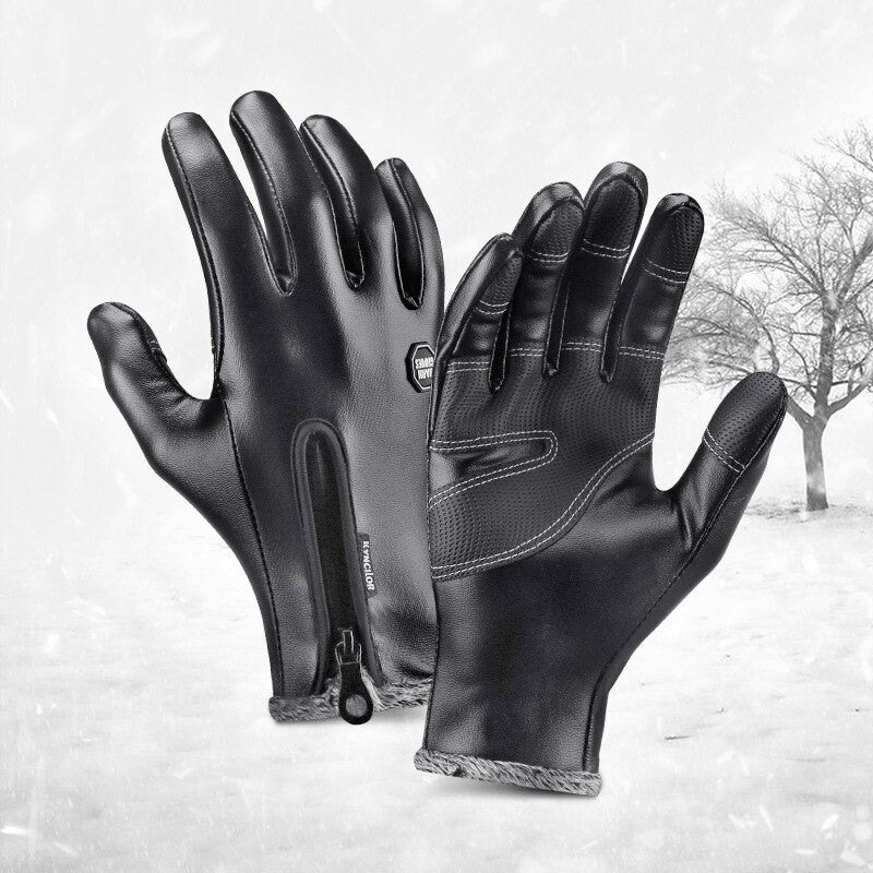 Warm Thermal Fleece Leather Ski Gloves With Zipper